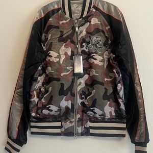 Men’s Members Only Camo Bomber Jacket Black & Silver Accents